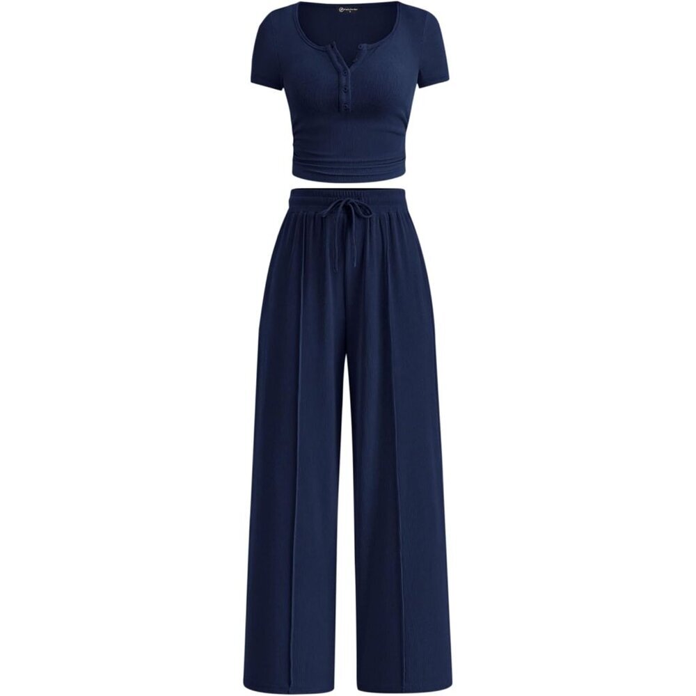 Women’s 2 Piece Summer Knit Outfits Lounge Set Casual Wide Leg Pants